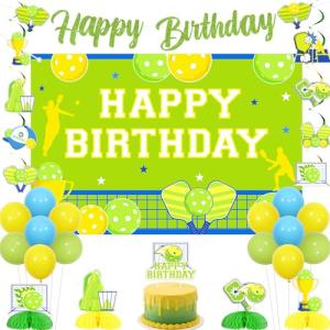 kreat4joy Pickleball Birthday Decoration, Pickleball Happy Birthday Backdrop Banner Cake Topper Hanging Swirl Honeycomb Centerpiece Latex Balloon Green Yellow for Sport Funny Pickle Party Decoration