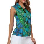 Irisjudy Women's Hawaiian Banana Leaf Sleeveless Tennis Shirt Golf Polo Tank Tops Quick Dry Tropical Style Plants Leaves Pickleball Shirts Zipper Summer T-Shirts, Green