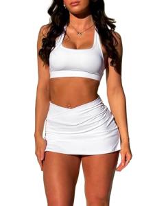 OZICERD Two Piece Tennis Skirt Sets for Women 2 Piece Mini Skirt Set Going Out Golf Skort Athletic Skirt Pickleball Outfit White XS