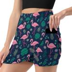 Foruidec Pink Flamingos with Tropical Plants Women's Tennis Skirt with Shorts High Waisted Skort with Pocket Double Layer for Golf Running Workout Pickleball 4XL