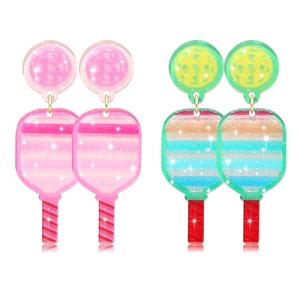 Game Day Earrings Pickleball Paddle Earrings Sport Earrings Resin Green Pink Cut Pickleball Racket Earrings CHEER Dangling Earrings Game Day Accessories Sports Fans Jewelry Favor Gift(2Pairs)
