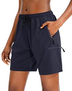 SANTINY Women's 5''/ 7''/9'' Hiking Cargo Shorts Quick Dry Lightweight Summer Shorts for Women Athletic Golf Zipper Pockets(Navy_L)