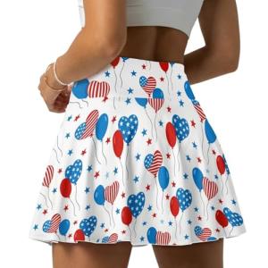 Jekioweii Womens Tennis Skirt 4th of July High Waisted Pleated Golf Skirts with Pockets Shorts USA Flag Stars Heart Balloon Print Ruffle Workout Pickleball Athletic Skorts Lightweight Golf Clothes
