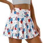 Jekioweii Womens Tennis Skirt 4th of July High Waisted Pleated Golf Skirts with Pockets Shorts USA Flag Stars Heart Balloon Print Ruffle Workout Pickleball Athletic Skorts Lightweight Golf Clothes