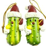 Pickleball Pickle Ornament Couples Pack Hand Painted Polyresin Pickleballer with Santa Hat Christmas Tree Decoration, Set of 2