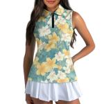 Irisjudy Watercolor Plumeria Womens Golf Shirt Yellow White Hibiscus Polo Sleeveless Quick Dry Tennis Tops Palm Leaves Tropical Plant Lightweight 1/4 Zip Up Pickleball Polo Tank Tops