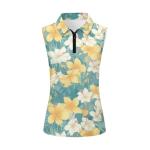 Irisjudy Watercolor Plumeria Womens Golf Shirt Yellow White Hibiscus Polo Sleeveless Quick Dry Tennis Tops Palm Leaves Tropical Plant Lightweight 1/4 Zip Up Pickleball Polo Tank Tops