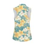 Irisjudy Watercolor Plumeria Womens Golf Shirt Yellow White Hibiscus Polo Sleeveless Quick Dry Tennis Tops Palm Leaves Tropical Plant Lightweight 1/4 Zip Up Pickleball Polo Tank Tops