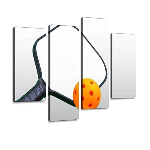 Black and White Pickleball Paddle with Orange ball Canvas Wall Art Hanging Paintings Modern Artwork Abstract Picture Prints Home Decoration Gift Unique Designed Framed 4 panel