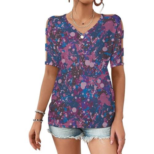 Paint Splatters Shirt Womens Off Shoulder Short Sleeve Casual V Neck Tennis Shirts Soft Tee Going Out Pickleball Shirts Yoga Tee 2XL Purple