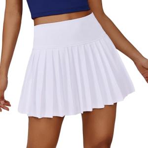 PINSPARK Tennis Skorts for Woman with Pocket High Waist Golf Skirt A Line Pleated Pickleball Skort with Built-in Shorts, White M