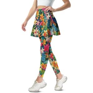 Frestree Frangipani Womens Yoga Skirted Leggings, Tropical Plants Monstera Tummy Control Athletic Skirt with Leggings Stretchy Tennis Pickleball Clothing-XS