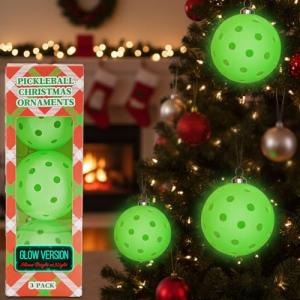 DWATAN Pickleball Glow in The Dark Ornaments, Set of 3, Luminous Green Balls, Sports Christmas Tree Decorations, Unique Pickleball Gifts, Holiday Light Décor for Players and Fans