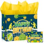 LUUFILx Pickleball Gift Bag Pickleball Birthday Goodie Bag with Greeting Card and Tissue Paper for Pickleball Party Favor Bags Wrapping Paper Bag for Pickleball Party Decorations (Blue)