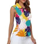 Irisjudy Colorful Monstera Womens Golf Shirt Hawaii Monstera Leaves Polo Sleeveless Quick Dry Tennis Tops Tropical Plant Leaf Lightweight 1/4 Zip Up Pickleball Polo Tank Tops