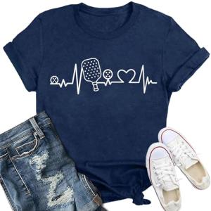 IFQ Pickleball Shirt for Women Heartbeat Pickleball Lover Player T-Shirt Funny Sport Tee Tops Blue