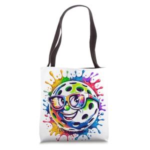 Funny Happy Pickleball with Sunglasses Colorful Paint Splash Tote Bag