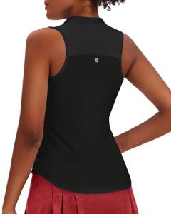 PINSPARK Women's Golf Shirts Sleeveless Tank Tops Zip Up Racerback Tennis Polo Shirts Collared Lightweight Pickleball Shirts,Black Large