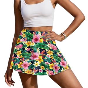 Yaparuogr Tropical Plants Tennis Skirt with Shorts Pockets for Women Lightweight High Waisted Tummy Control Athletic Skort for Pickleball Golf Workout Running,M