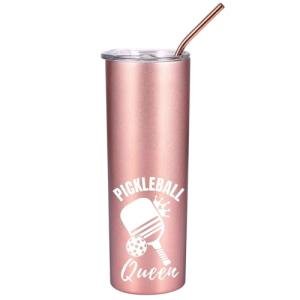 Onebttl Pickleball Gifts for Women, Pickleball Queen, 20 oz Skinny Tumbler with Lid and Straw, Rose Gold