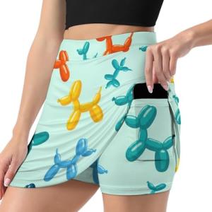 iiceop Orange Balloon Dog Skorts for Women with Pockets Skirt with Shorts Underneath High Waisted Golf Tennis Skorts for Women for Running Workout Pickleball L