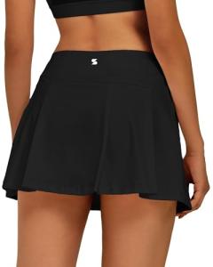 Stelle Women Tennis Skirt Golf Skorts Athletic High Waisted with Pockets Inner Shorts Sport Workout Pleated Pickleball (Black-Nylon, Small)