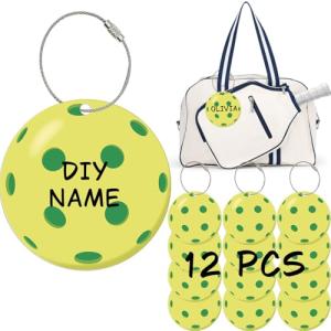 12 Pack Pickleball Luggage Tags – Pickleball Gifts for Teams Players, Men & Women. Ball Shaped Travel ID Name Keychain with Strap, Fun Sports Bag Accessories Party Favor