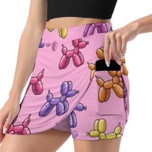 iiceop Pink Balloon Dog Skorts for Women with Pockets Skirt with Shorts Underneath High Waisted Golf Tennis Skorts for Women for Running Workout Pickleball 4XL