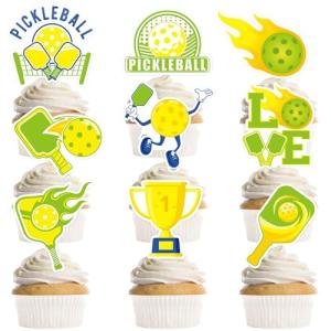 36 Pcs Pickleball Cupcake Toppers Party Decorations, Funny Paddle and Ball Sports Theme Cupcake Toppers for Birthday or Tournament, Green and Yellow Pickleball Party Supplies (9 Designs)