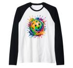 Colorful Pickleball Paint Splash Ball Raglan Baseball Tee