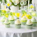 36 Pcs Pickleball Cupcake Toppers Party Decorations, Funny Paddle and Ball Sports Theme Cupcake Toppers for Birthday or Tournament, Green and Yellow Pickleball Party Supplies (9 Designs)