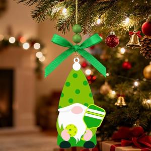 Christmas Gnome Pickleball Ornaments, Wood Hanging Sports Christmas Tree Decorations with Sports Ball and Bow, Pickleballs Gifts for Pickleballs Lovers Fans Holiday Party Office Indoor Car Supplies
