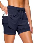 Soothfeel Women's 2 in 1 Running Shorts 5" Athletic Shorts High Waisted Workout Gym Tennis Exercise Shorts with Liner Pocket Navy M