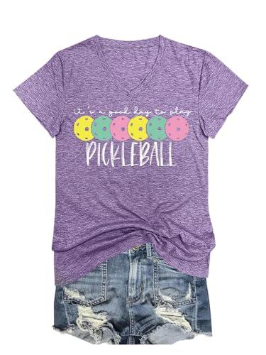 WESEOOU Pickleball Shirts Women It's A Good Day to Play Pickleball Funny Casual Letter Printed V-Neck Tees Tops Purple