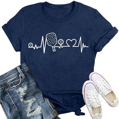 IFQ Pickleball Shirt for Women Heartbeat Pickleball Lover Player T-Shirt Funny Sport Tee Tops Blue