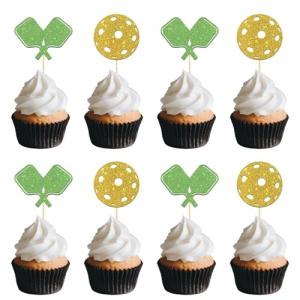 BOBYIYI 24 Pcs Pickleball Cupcake Toppers Pickleball Cake Decorations for Kids Pickleball Party Birthday Decor Sport Themed Birthday Retirement Party Supplies Glitter Green Golden