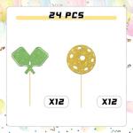 BOBYIYI 24 Pcs Pickleball Cupcake Toppers Pickleball Cake Decorations for Kids Pickleball Party Birthday Decor Sport Themed Birthday Retirement Party Supplies Glitter Green Golden