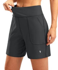 SANTINY Women's 6'' Athletic Long Shorts with 4 Pockets High Waisted Bermuda Shorts for Women Walking Running Casual (Dark Grey_M)