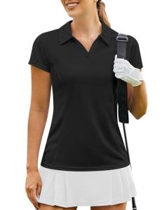 PINSPARK Womens Polo Shirts Short Sleeve Golf Shirts Collared Tennis Tops Moisture Wicking Pickleball Shirts Golf Clothing,Black Medium