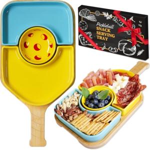 DWATAN Pickleball Paddle Snack Tray Set, Ceramic Serving Plates with Bamboo Charcuterie Board, Paddle Appetizer Platter for Parties, Unique Pickleball Gifts for Women and Men