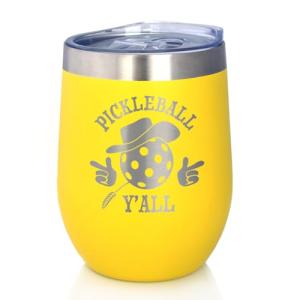 Bevvee Funny Pickleball Gifts - Wine Tumbler Cup with Sliding Lid - Pickleball Y'all - Stainless Steel Insulated Mug, 12 oz - Yellow