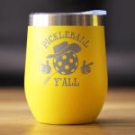 Bevvee Funny Pickleball Gifts - Wine Tumbler Cup with Sliding Lid - Pickleball Y'all - Stainless Steel Insulated Mug, 12 oz - Yellow