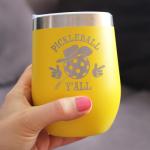 Bevvee Funny Pickleball Gifts - Wine Tumbler Cup with Sliding Lid - Pickleball Y'all - Stainless Steel Insulated Mug, 12 oz - Yellow