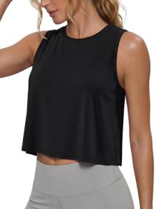 MAGCOMSEN Womens Black Tanks Crop Top Sleeveless Loose Fit Moisture Wicking Running Gym Shirt Athletic Yoga Pickleball S