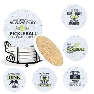 KCT Store Pickleball Gifts for Women and Men - Appreciation Gifts - Absorbent Ceramic Coasters 6pc - Metal Holder & Cylinder Kraft Gift Box Included