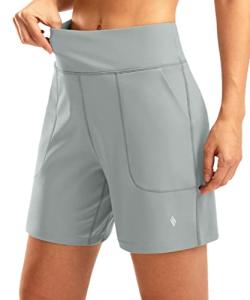 SANTINY Women's 6'' Athletic Long Shorts with 4 Pockets High Waisted Bermuda Shorts for Women Walking Running Casual (Bright Grey_M)