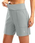SANTINY Women's 6'' Athletic Long Shorts with 4 Pockets High Waisted Bermuda Shorts for Women Walking Running Casual (Bright Grey_M)