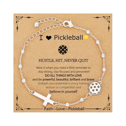 VULETO Pickleball Bracelet Gifts for Girls Women, Cross Link Chain Sport Accessories Birthday Christmas Christian Jewelry Gifts for Teen Girls 8-12 Team Coach Lover Player Silver