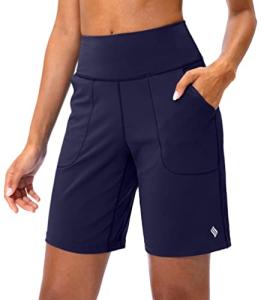 SANTINY Bermuda Shorts for Women with Zipper Pocket Womens High Waisted Long Shorts for Running Workout Athletic(Navy_L)