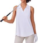 PINSPARK Polo Shirts for Women Sleeveless Golf Tops Racerback Tennis Shirt with Collar SPF 50+ V-Neck Pickleball Tee Quick Dry Athletic Tank Tops Lightweight Activewear, White M